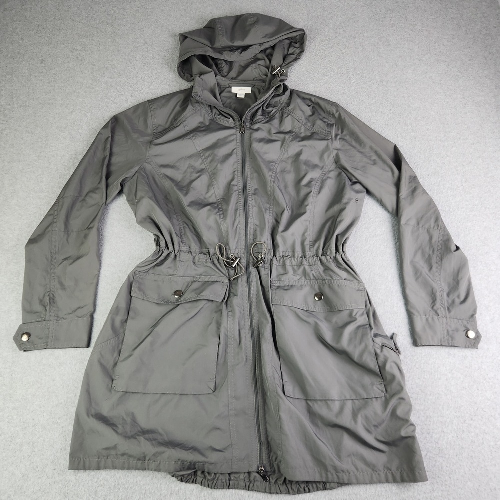 J.Jill Fit Parka Jacket Womens S Petite Gray Utility Cinched Waist Hooded Zip Up